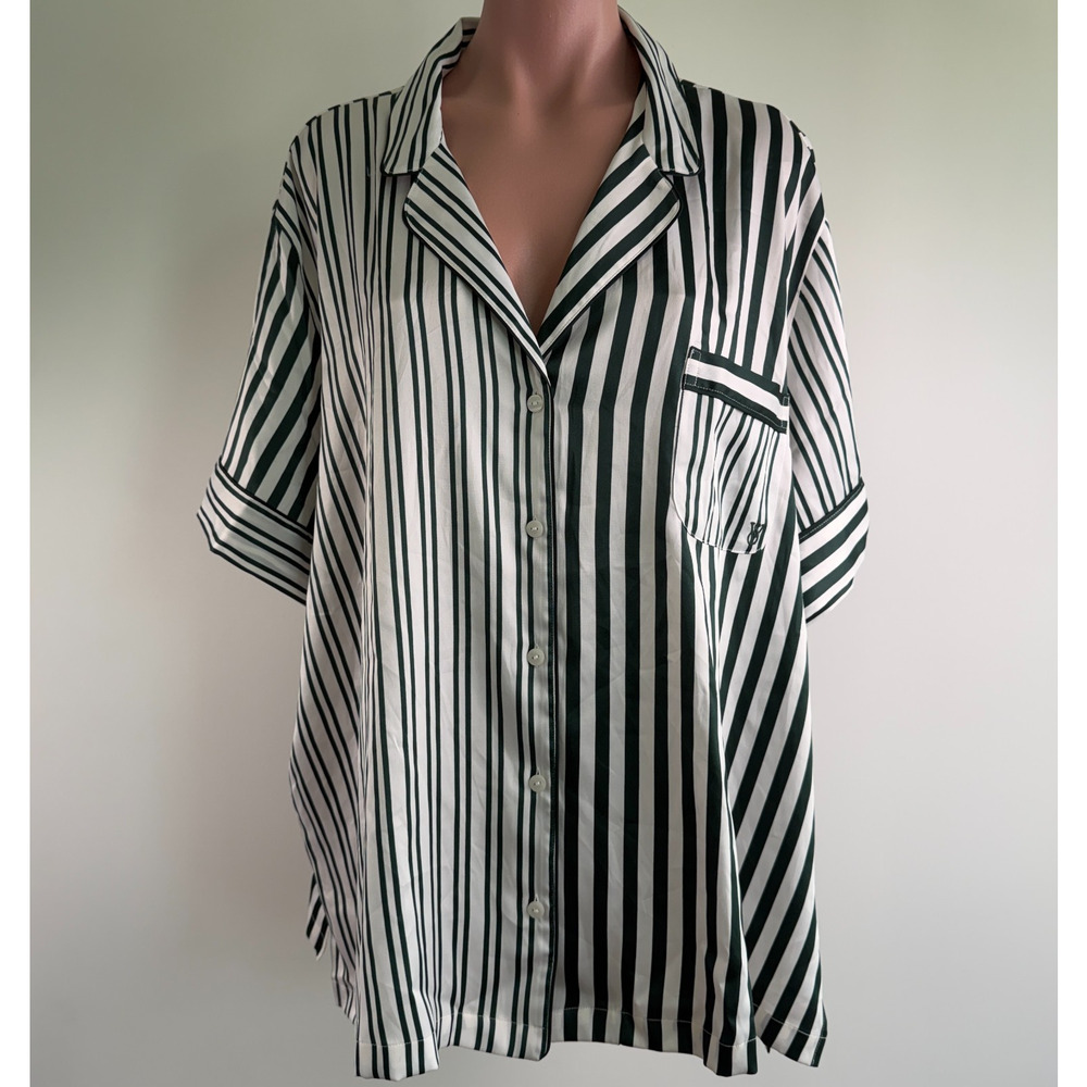 Victoria's Secret Satin Short Sleeve V-Neck PJ Top Sleepwear Green/White XXL NWT